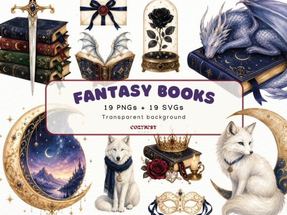 Download Fantasy Book Lover Watercolor Cliparts - Book Collection